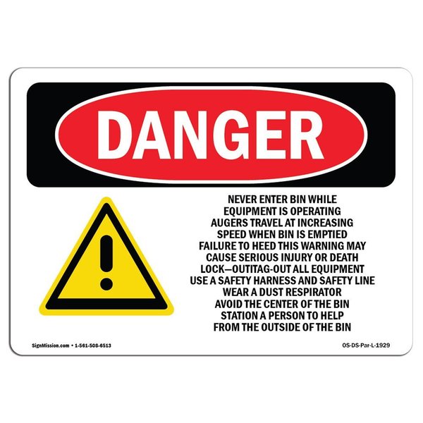 Signmission OSHA Danger Sign, 7" Height, Rigid Plastic, Grain Bin Silo Safety, Landscape, L-1929 OS-DS-P-710-L-1929